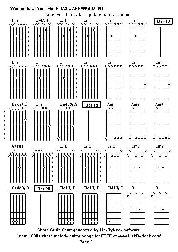 Chord Grids Chart of chord melody fingerstyle guitar song-Windmills Of Your Mind- BASIC ARRANGEMENT,generated by LickByNeck software.